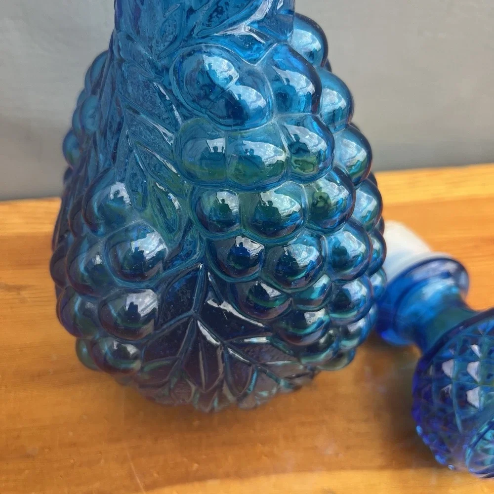 Imperial Blue Glass Decanter w Grape Pattern Genie Bottle Vintage MCM Stopper